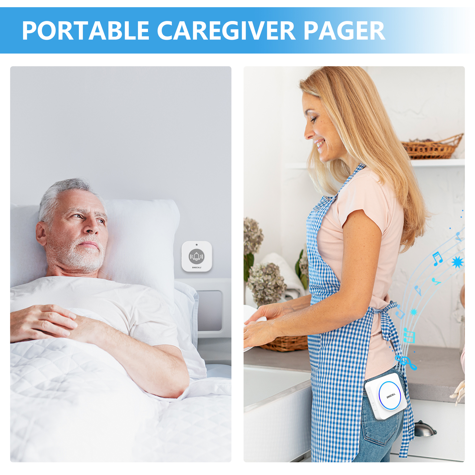 SINGCALL Wireless Caregiver Pager Panic Alarm System Personal Alarm for Elderly Patients Care Home 1 Rechargeable Portable Receiver with 1 Panic Call Button
